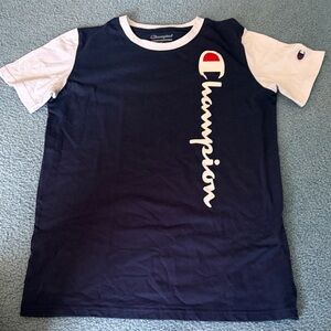 Champion Navy and White Vertical Logo Kids Tee